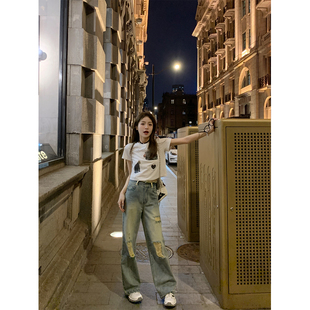 宽松百搭长裤 做旧水洗磨边破洞设计感牛仔裤 highteen 夏 BLUE