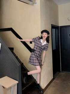 BLUE 牛津高街色织肩膀镂空两穿格子连衣裙显瘦甜美少女裙新款