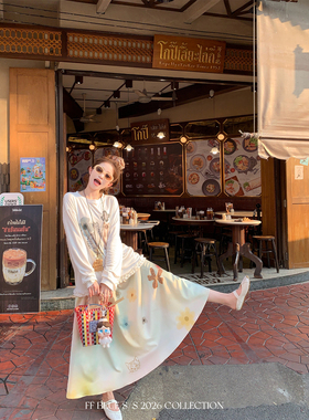 FF BLUE 春游小猫 100%莱赛尔可爱印花花边防晒t恤休闲半裙套装女