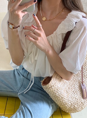 饭小队 Deja Vu 南法假日风 随性氛围感抽绳褶皱上衣