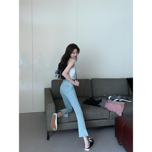 BLUE 高腰休闲九分裤 千禧美女 牛仔裤 女 浅色水洗微喇显瘦修身