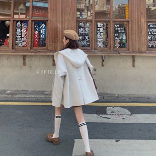 小学妹学院风燕麦白双面手工连帽大衣女外套 圣日耳曼 BLUE