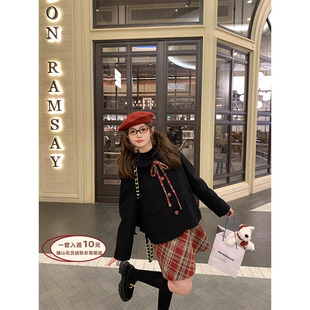 复古短款 40羊毛节日感学院风套装 外套红格纹半裙 BLUE长岛学院