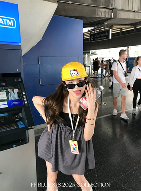 FF BLUE郁金香手札 纯棉假两件设计格子抹胸吊带裙木耳边半身裙女