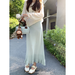 天然亚麻纱莱赛尔水绿色针织半裙温柔鱼尾长裙 温柔薄荷 BLUE