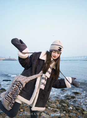 FF BLUE 温暖抱抱 两面穿麂皮绒羊羔毛外套女百搭冬季（含手套）