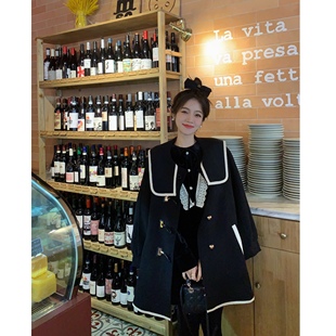 黑白撞色气质羊毛呢双面呢子韩系大衣冬天外套 富家千金 BLUE