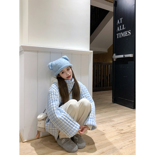 连帽格纹波点棉服外套
