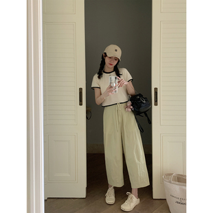 宽松百搭显瘦灯笼裤 棉麻舒适淡绿色九分休闲裤 自带空调 BLUE