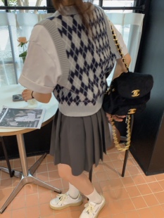 早秋小蝴蝶结深灰a字半身裙女显瘦气质小个子百褶裙短裙 BLUE