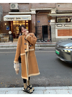 5G入冬韩系不规则牛角扣毛茸保暖麂皮羊羔毛棕色大衣外套 BLUE