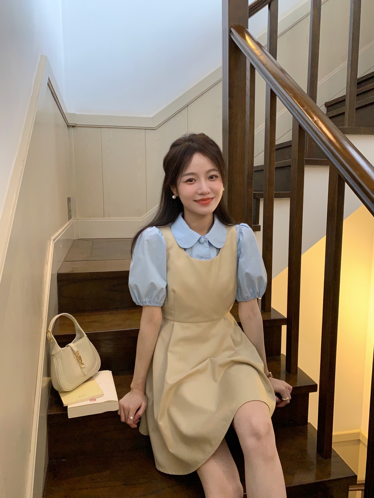 FF BLUE 小爱丽丝 抽褶少女感减龄学院风卡其色无袖背心裙连衣裙