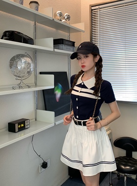 FF BLUE miu系海军风 修身显瘦学院风polo上衣白色半身裙时髦套装