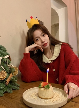 FF BLUE浆果小树莓 新年红/摩卡 节日氛围感花瓣开衫外套红色毛衣