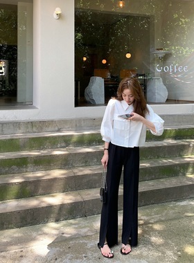 饭小队 腿精来了 巨显瘦长丝麻垂坠前开叉褶皱凉凉拖地裤