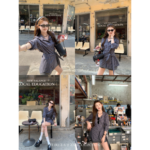 衬衫 100棉设计感百搭长袖 下班爱豆 屁帘绑腰系带格纹上衣 BLUE