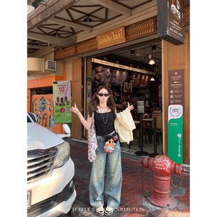 复古简约好穿拖地裤 80棉泼墨水洗直筒牛仔裤 春日牛仔 女 BLUE