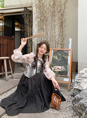 FF BLUE荷塘月色 95天丝水墨国风刺绣长袖上衣黑色吊带连衣裙套装