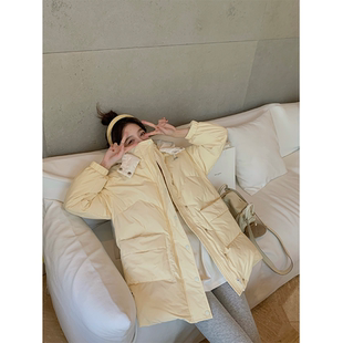 BLUE 韩版 是小黄鸭 蛋白鸭绒连帽羽绒服女中长款 外套 奶里奶气