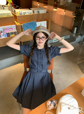 FF BLUE 麦莉恩小姐 灰蓝色水洗棉短款裙子翻领泡泡袖收腰连衣裙