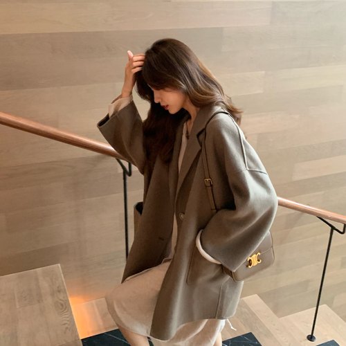 小队咖棕色燕麦双面尼手工大衣