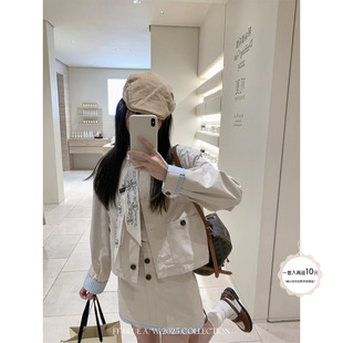 外套半裙秋日清爽套装 100棉条纹拼接卡其短款 晨雾少女 女 BLUE