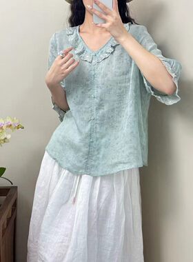 2026新款高品质苎麻刺绣衬衫女夏季新款休闲甜美减龄文艺气质上衣