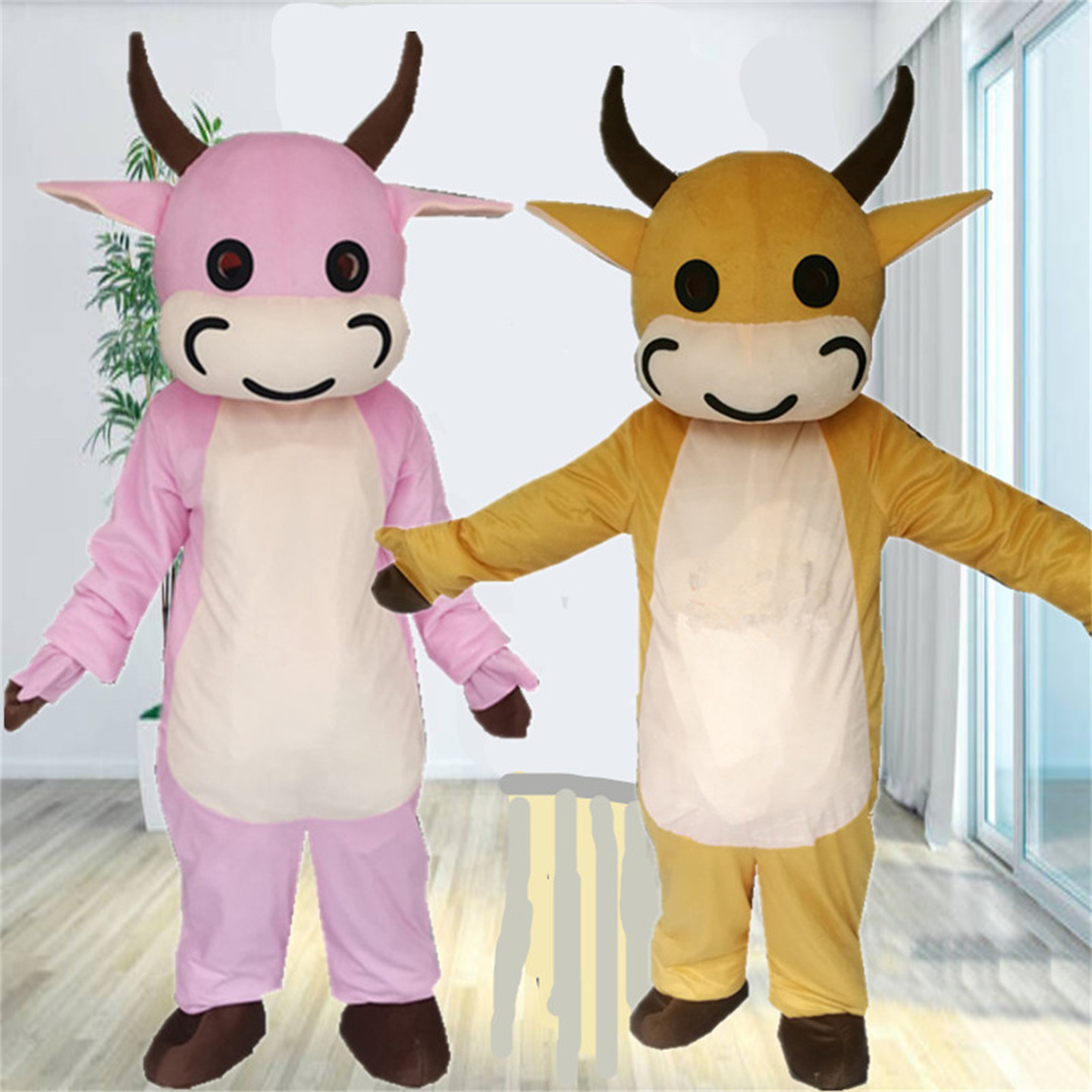 黄牛宝宝卡通人偶服装水牛人穿行走玩偶服奶牛动漫人物头套粉红牛