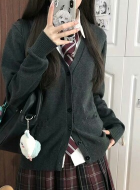 神仙club  灰色笔记开衫毛衣  学院JK毛衣秋冬女  纯色针织衫长袖