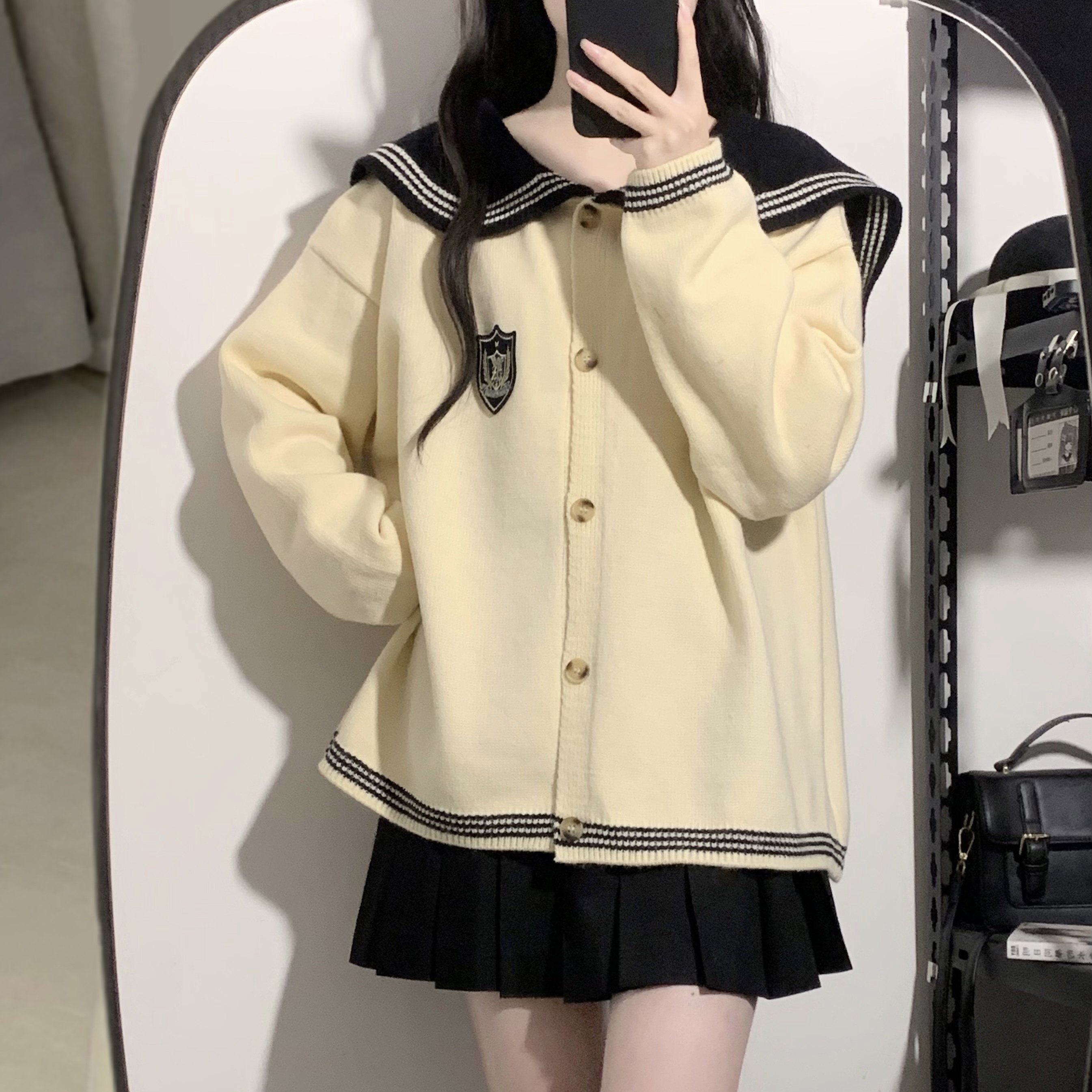 神仙club 【黑巧芝士】海军领毛衣秋冬款学院风宽松针织开衫上衣