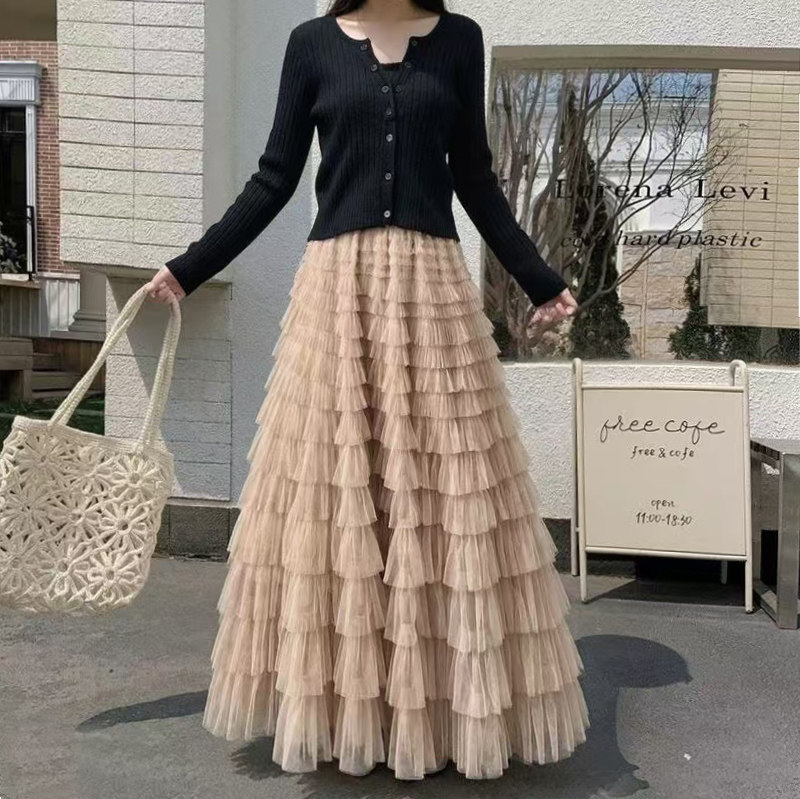 层层蛋糕裙网纱半身裙女春秋季高腰蓬蓬裙纱裙百褶长裙
