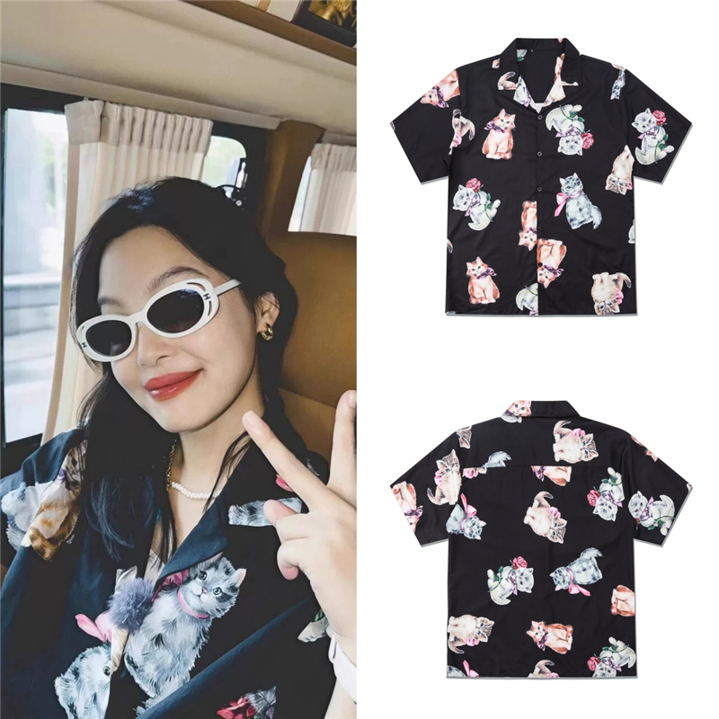 辛芷蕾同款猫咪满印宽松短袖衬衫