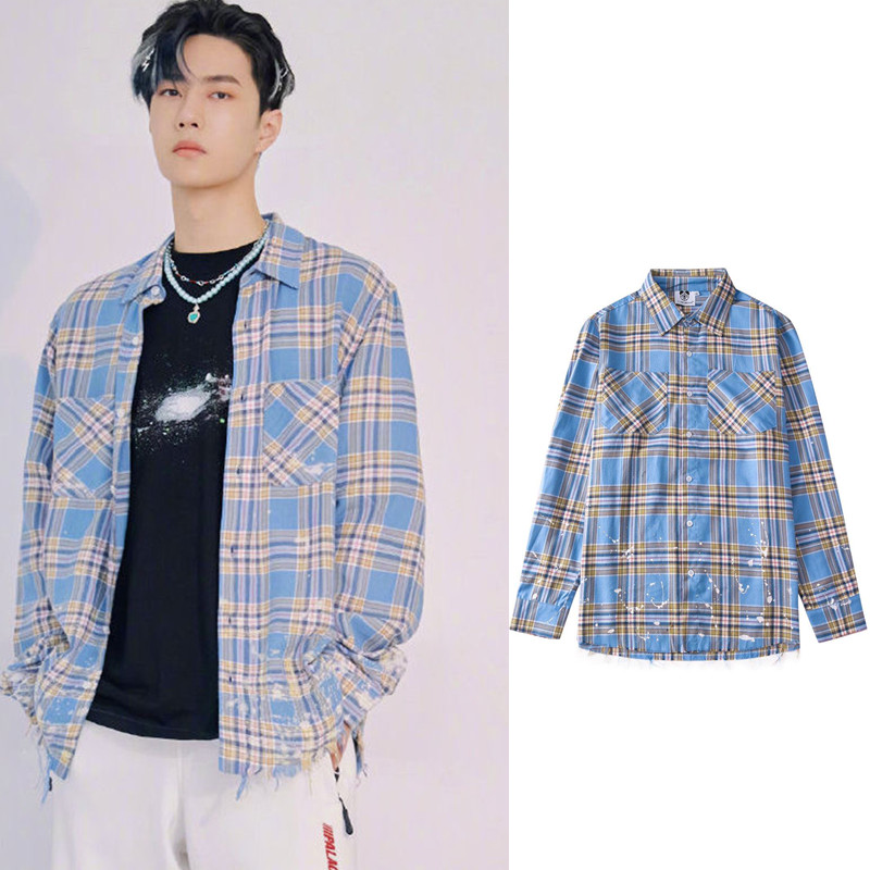 王一博同款长袖衬衫刺绣宽松ins格子衬衣外套男女情侣装休闲上衣