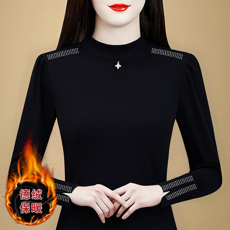 半高领加绒烫钻长袖打底T恤女