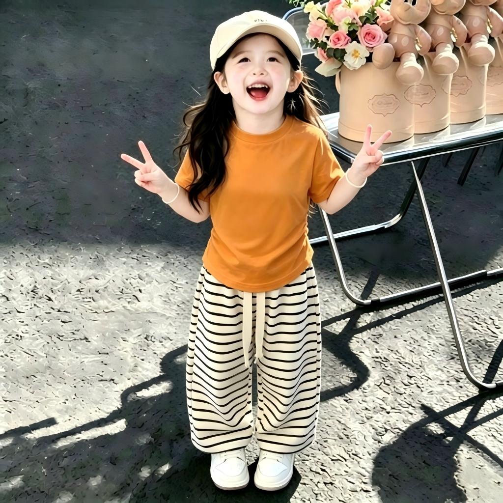 女童夏季卡通印花条纹短袖套装