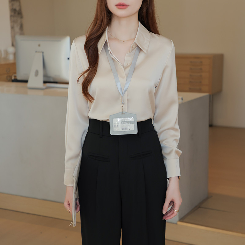 秋装通勤白色醋酸缎长袖衬衫女