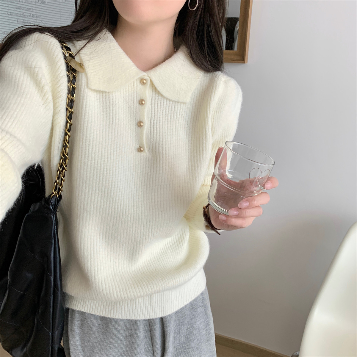 秋冬宽松POLO领学院风打底毛衣女