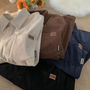 新款 男女秋冬季 宽松复古潮流潮牌休闲情侣外套 polo衬衫 灯芯绒长袖