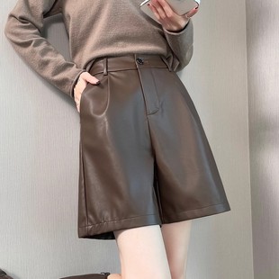 摩登时尚黑色五分PU皮短裤女不掉皮秋冬外穿松紧高腰宽松显瘦阔腿