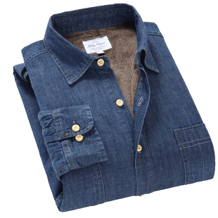 莎芭绮冬季纯棉竹节牛仔长袖保暖衬衫男加绒加厚休闲格子保暖衬衣