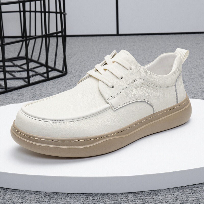 男士休闲鞋秋季透气皮鞋头层牛皮鞋子软底板鞋百搭男鞋白色小白鞋