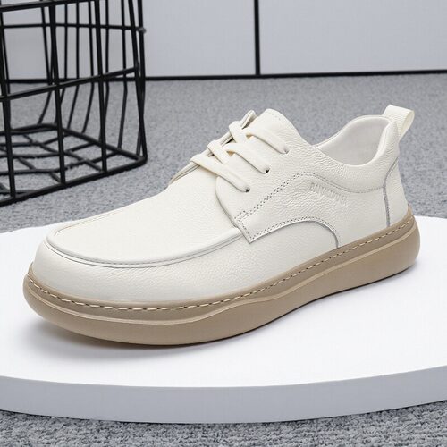 男士休闲鞋春季透气皮鞋头层牛皮鞋子软底板鞋百搭男鞋白色小白鞋