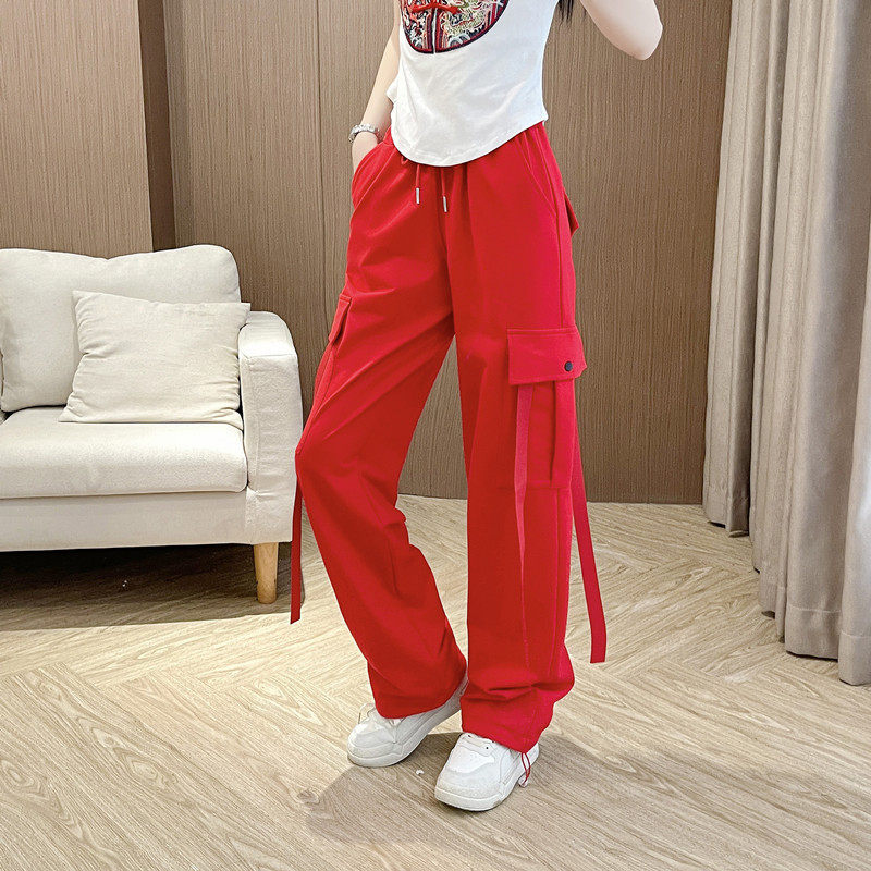 新款跳舞裤子中国红色工装裤飘带广场舞运动裤白色休闲鬼步舞蹈裤