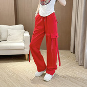 白色休闲鬼步舞蹈裤 新款 裤 飘带广场舞运动裤 跳舞裤 子中国红色工装