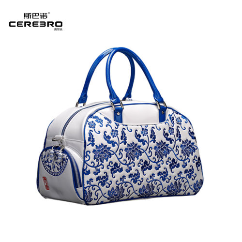 斯巴诺独立鞋袋3D刺绣青花瓷高尔夫衣物包中国风女款镜面PU衣服包