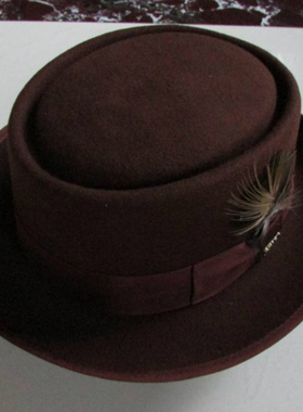 PorkPie羊毛复古街舞帽PP毡帽英伦爵士帽蛋糕帽凹槽平顶小檐礼帽