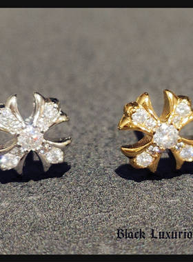 Black Luxurious纯银S925银针电镀22K18K金色ins十字架镶钻耳钉