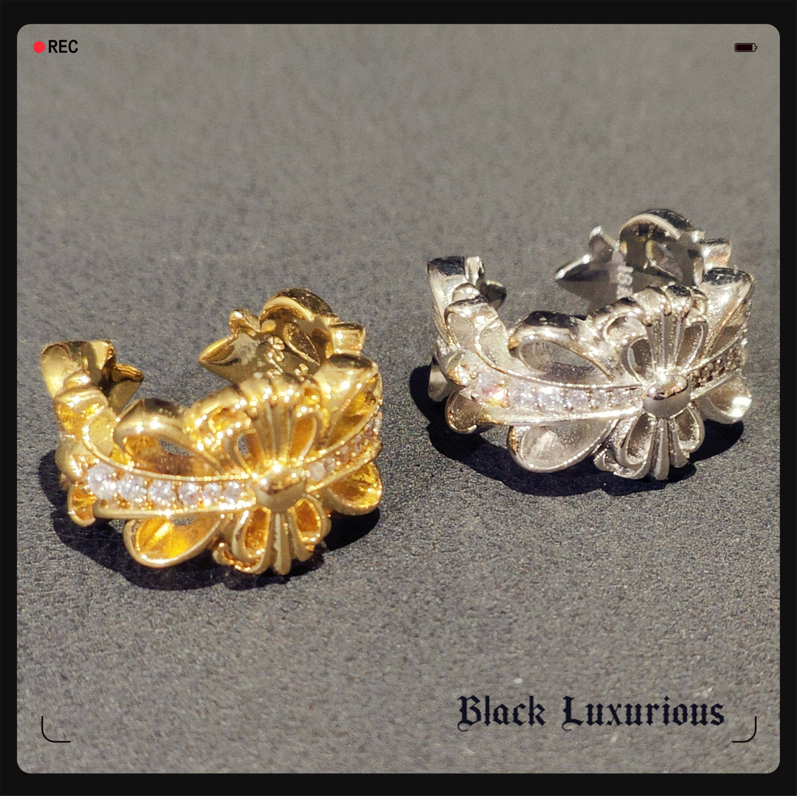 Black Luxurious电镀黄白金22K18K经典双花军花十字镶钻开口戒指