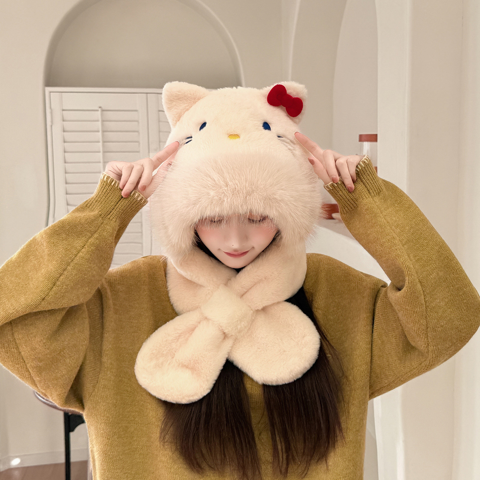 卡通猫咪围巾帽子手套女冬季加厚毛绒保暖连帽围脖两件套毛绒帽