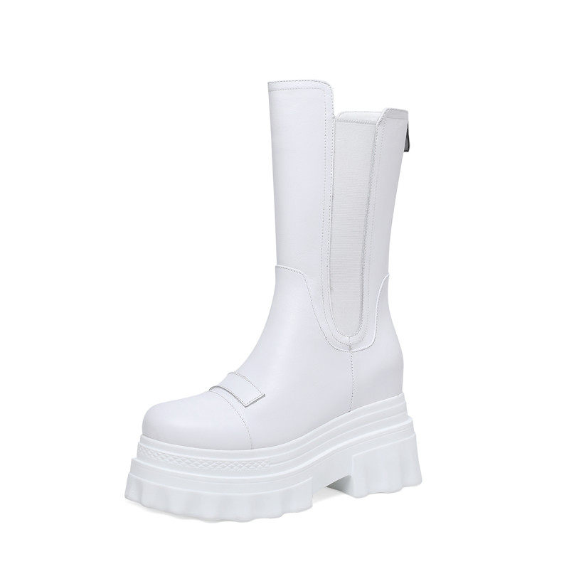 신장 10CM 이내 증가 천연가죽 만능 여성 두꺼운 밑창 숏부츠 봄 가을 싱글부츠 웨지힐 하이힐 미드튜브 슬리밍 굴뚝부츠